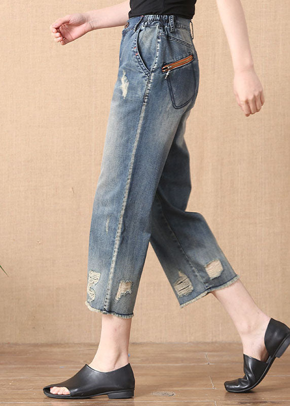 Chic Denim Blue Elastic Waist Zip Up Pockets Hole Cotton Crop Pants