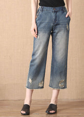 Chic Denim Blue Elastic Waist Zip Up Pockets Hole Cotton Crop Pants