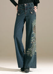 Chic Denim Blue Sequins Embroideried Pockets Cotton Wide Leg Pants