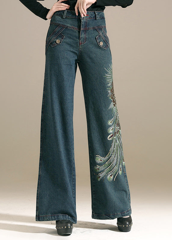 Chic Denim Blue Sequins Embroideried Pockets Cotton Wide Leg Pants