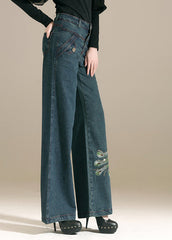 Chic Denim Blue Sequins Embroideried Pockets Cotton Wide Leg Pants