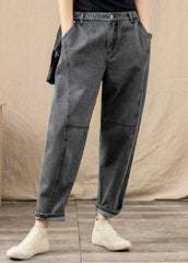 Chic Grey Elastic Waist Pockets Patchwork Cotton Denim Harem Pants