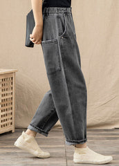 Chic Grey Elastic Waist Pockets Patchwork Cotton Denim Harem Pants