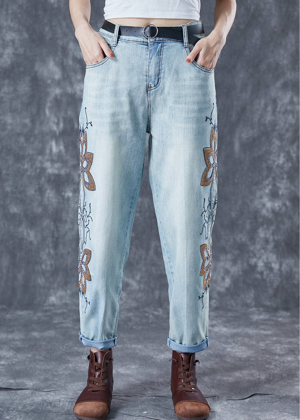 Chic Light Blue Embroideried Zircon Denim Harem Pants