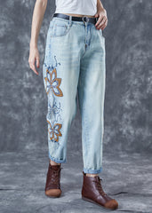 Chic Light Blue Embroideried Zircon Denim Harem Pants