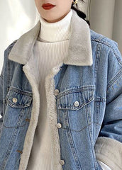 Chic Light Blue Peter Pan Collar Pockets Warm Fleece Denim Coats Long Sleeve