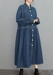 Chic Navy Peter Pan Collar Button Pockets wrinkled Denim Dress