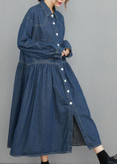 Chic Navy Peter Pan Collar Button Pockets wrinkled Denim Dress