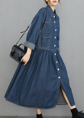 Chic Navy Peter Pan Collar Button Pockets wrinkled Denim Dress