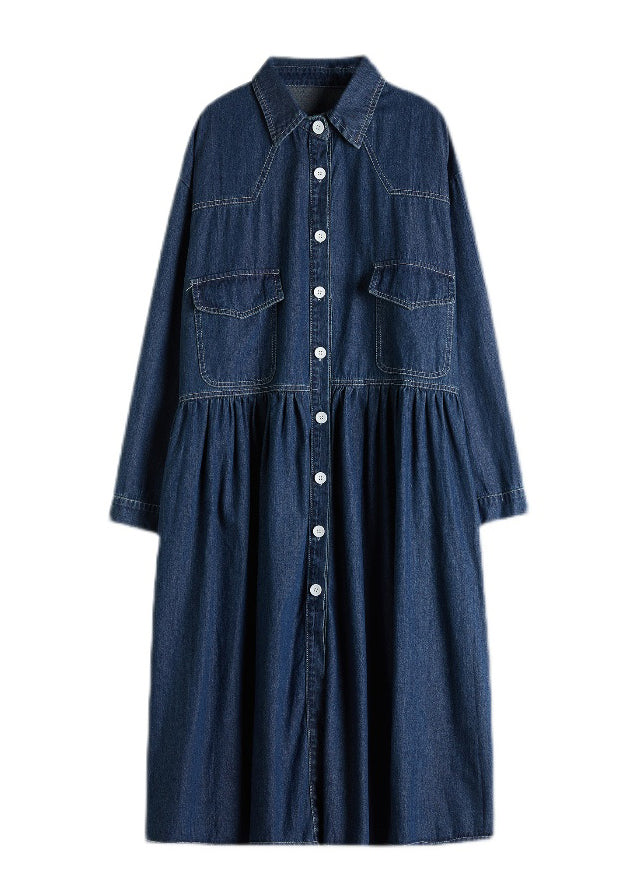 Chic Navy Peter Pan Collar Button Pockets wrinkled Denim Dress