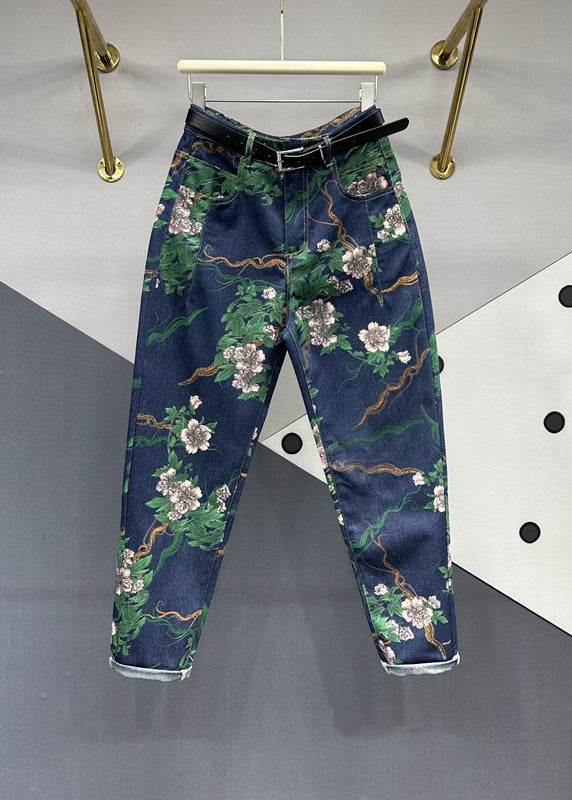 Pantalones vaqueros chic con parches florales y bolsillos en azul marino para otoño