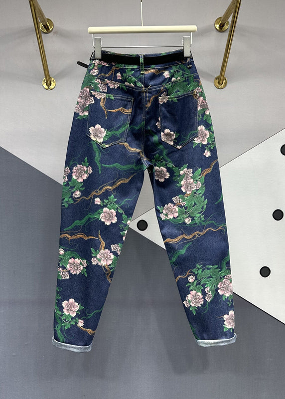 Schicke Marineblaue Taschen Floral Patchwork Denim Hose Herbst