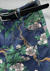 Chic Navy Pockets Floral Patchwork Denim Pants Fall