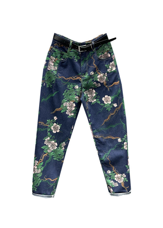 Schicke Marineblaue Taschen Floral Patchwork Denim Hose Herbst