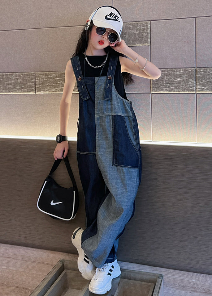 Chic Navy Pockets High Waist Girls Denim Overalls Jumpsuit Fall