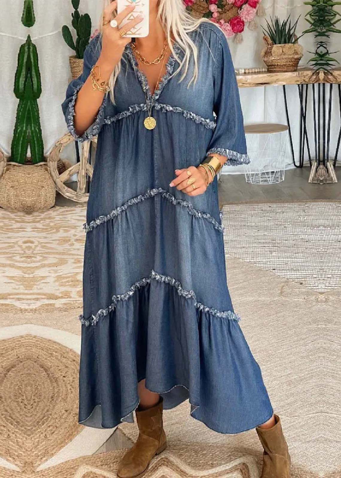 Chic Navy V Neck Patchwork Tassel Denim Long Dress Half Sleeve