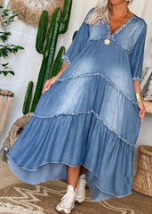 Chic Navy V Neck Patchwork Tassel Denim Long Dress Half Sleeve