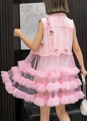 Chic Pink Denim Waistcoat Patchwork Tulle Mid Dresses Sleeveless