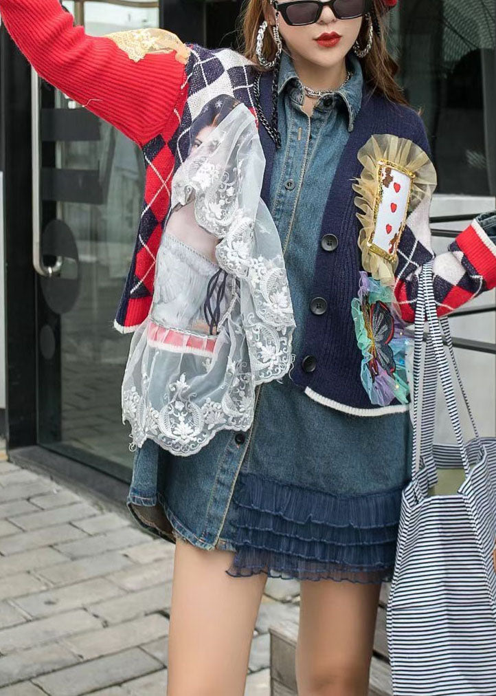 Chic Red Knit Patchwork Denim Ruffled Fall Long Sleeve Coat