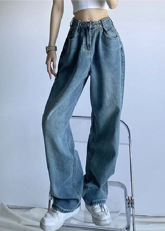 Pantalones anchos de mezclilla de algodón con cintura alta y drapeado en azul vintage chic