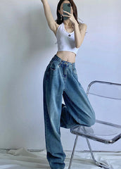 Pantalones anchos de mezclilla de algodón con cintura alta y drapeado en azul vintage chic