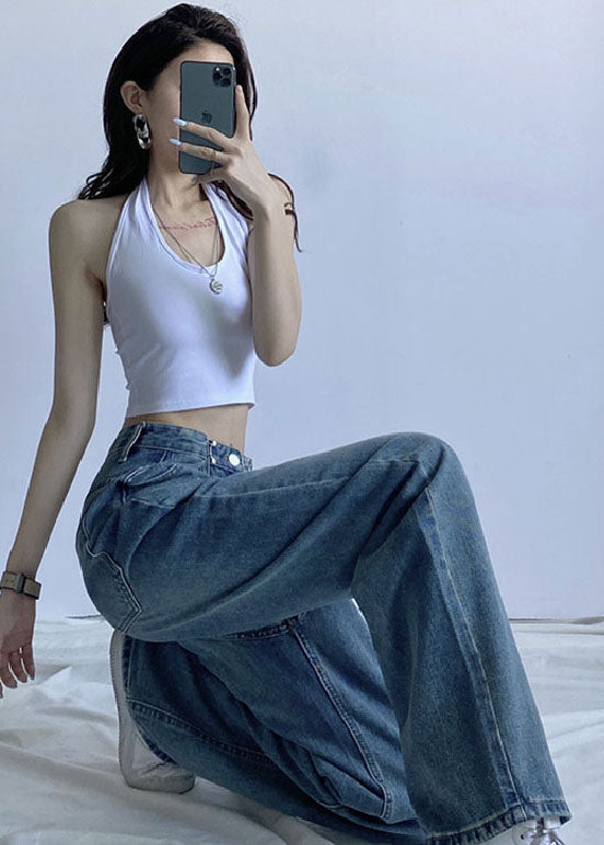 Pantalones anchos de mezclilla de algodón con cintura alta y drapeado en azul vintage chic