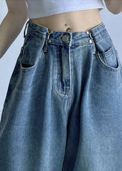 Pantalones anchos de mezclilla de algodón con cintura alta y drapeado en azul vintage chic