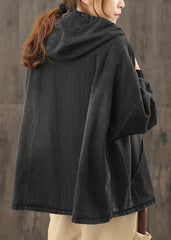 Chic denim black clothes hooded pockets baggy blouse