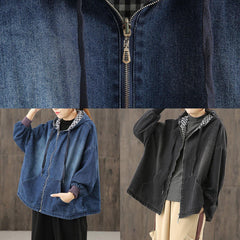 Chic denim black clothes hooded pockets baggy blouse