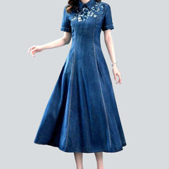 Chinese-style embroidery denim dress