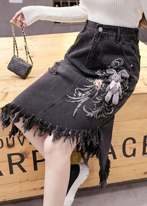 Classy Black Asymmetrical Design Embroideried Tassel Denim Skirts