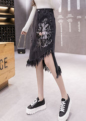 Classy Black Asymmetrical Design Embroideried Tassel Denim Skirts