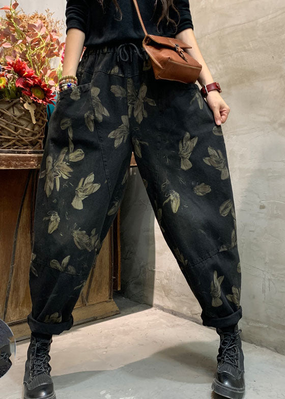 Classy Black Cinched Print denim harem Pants Winter