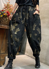 Classy Black Cinched Print denim harem Pants Winter