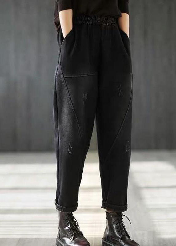 Pantalones harén de mezclilla de forro polar cálidos con cintura elástica y diseño elegante de patchwork en negro para invierno