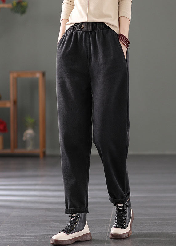 Classy Black Elastic Waist Pockets Warm Fleece Denim Pants