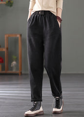 Classy Black Elastic Waist Pockets Warm Fleece Denim Pants