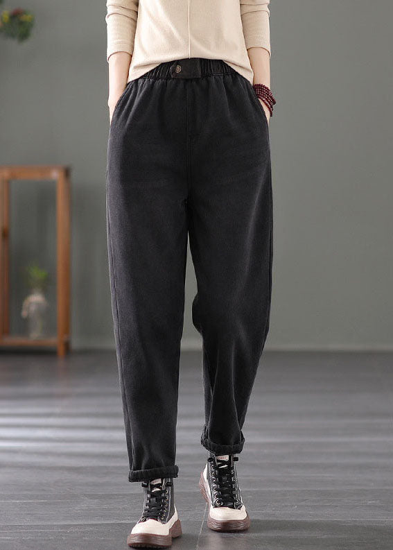 Classy Black Elastic Waist Pockets Warm Fleece Denim Pants