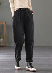 Classy Black Elastic Waist Pockets Warm Fleece Denim Pants