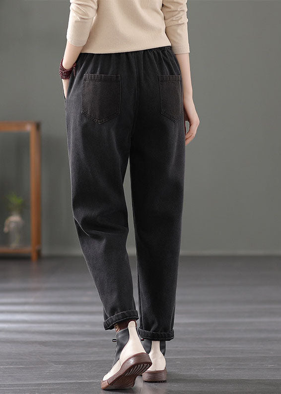 Classy Black Elastic Waist Pockets Warm Fleece Denim Pants