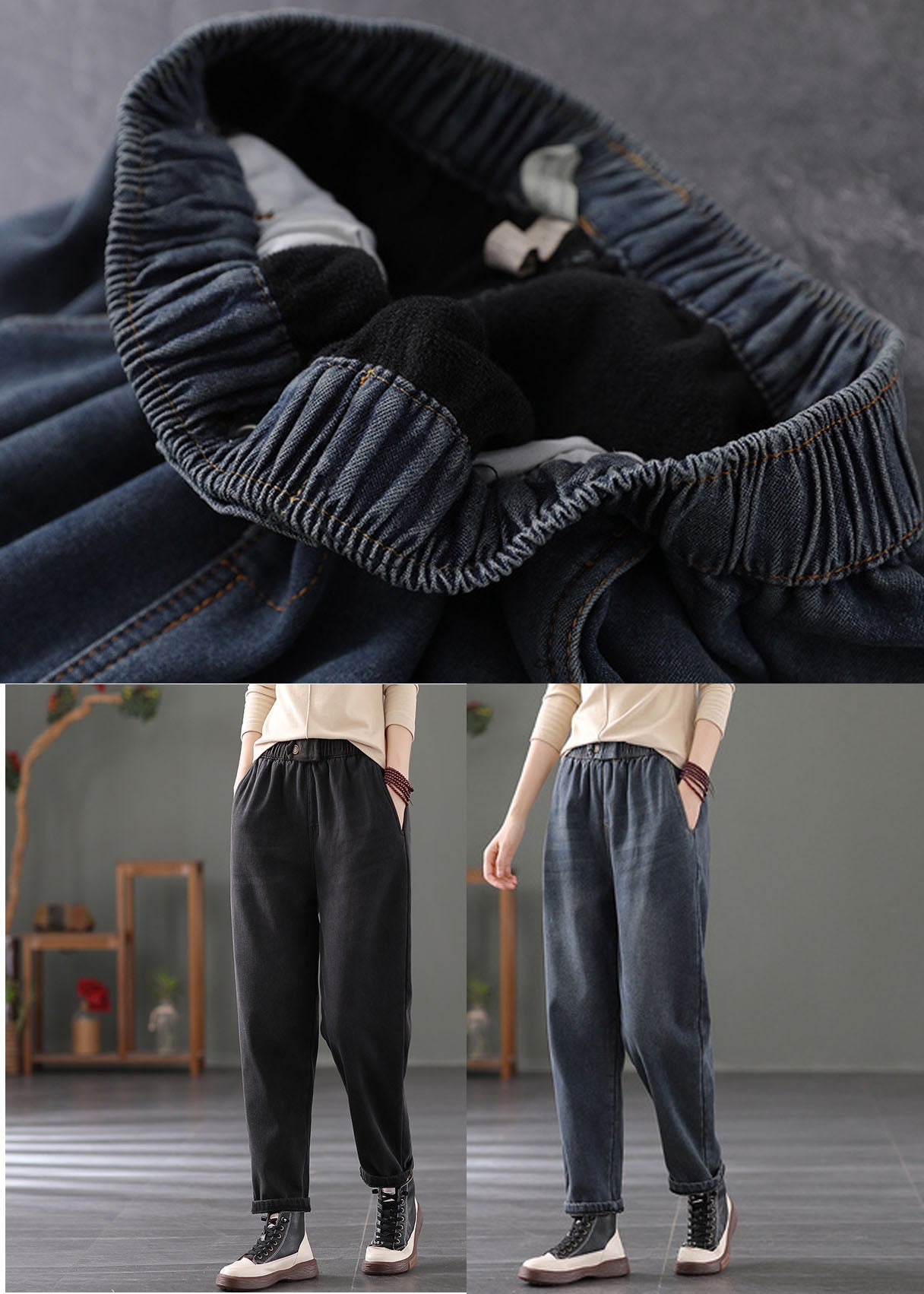 Classy Black Elastic Waist Pockets Warm Fleece Denim Pants