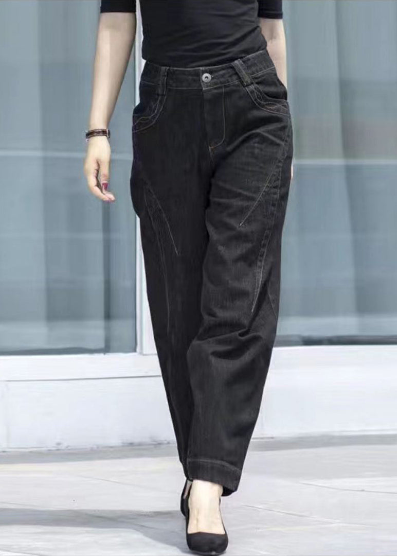 Classy Black High Waist Pockets Patchwork Cotton Denim Pants