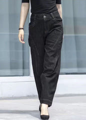 Classy Black High Waist Pockets Patchwork Cotton Denim Pants