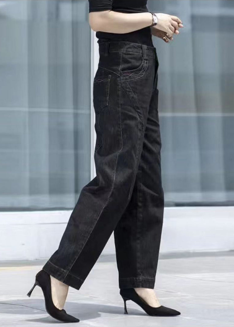 Classy Black High Waist Pockets Patchwork Cotton Denim Pants