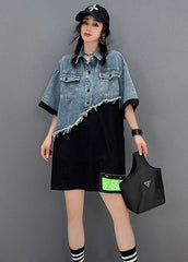 Classy Blue Asymmetrical denim Patchwork Tulle Button Pockets Mid Dresses Short Sleeve