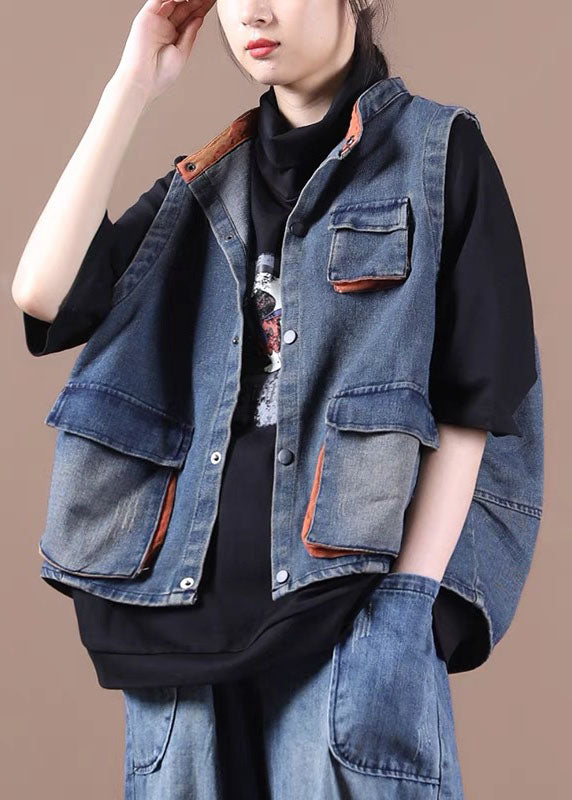 Classy Blue Button Pockets Patchwork Fall Denim Waistcoat