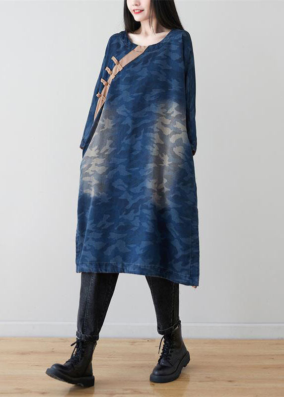 Classy Blue Camouflage Patchwork Chinese Button Denim Dresses