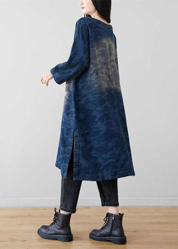 Classy Blue Camouflage Patchwork Chinese Button Denim Dresses