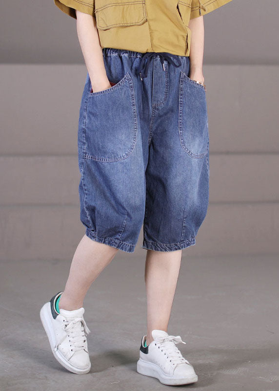 Classy Blue Elastic Waist Tie Waist Pockets Patchwork Cotton Denim Shorts