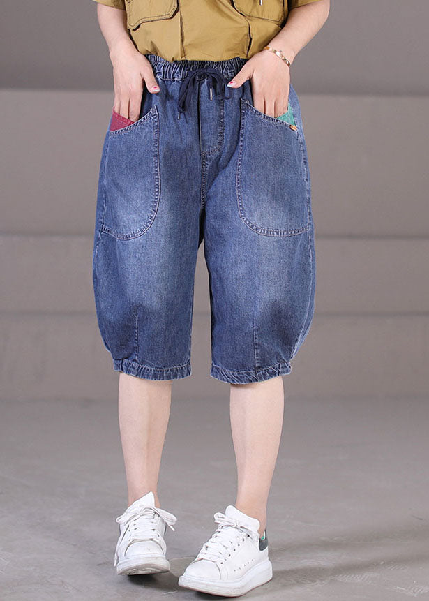 Classy Blue Elastic Waist Tie Waist Pockets Patchwork Cotton Denim Shorts